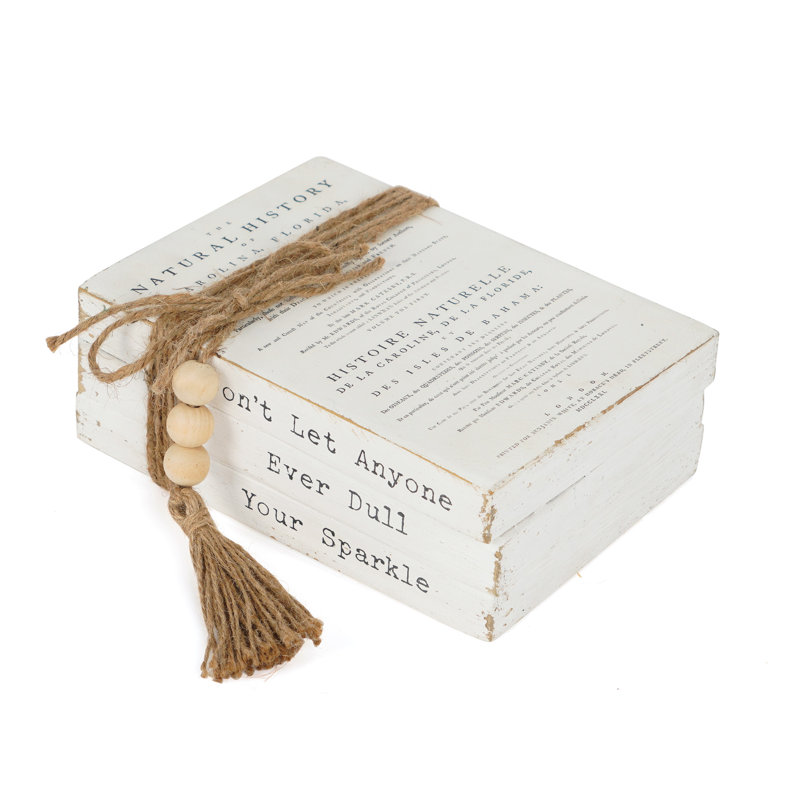 Rustic Don't Let Anyone Ever Dull Your Sparkle Inspirational Quote Wood Book Stack Decor With Jute Beads