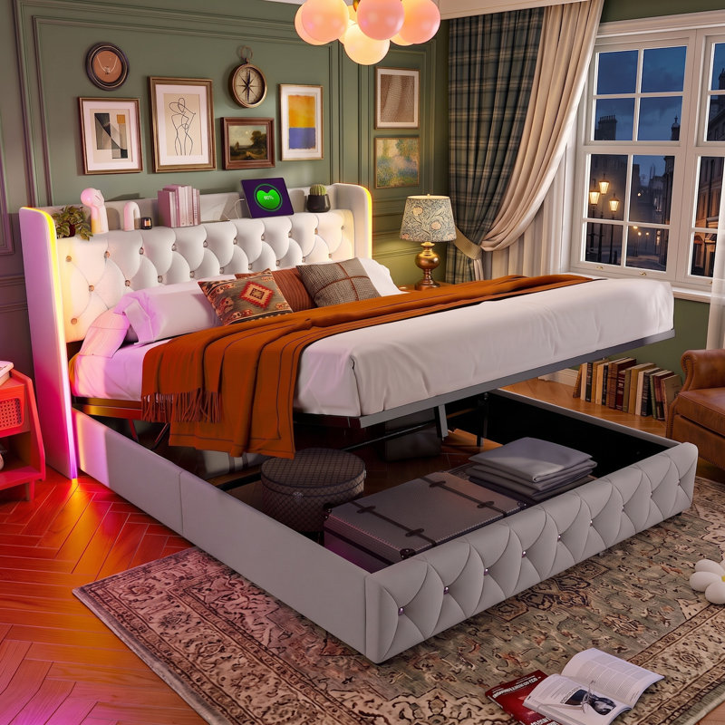4Ft6 Hydraulic Lift Up Beds, Upholstered Double Bed Frame with Storage and Headboard, Velvet Fabric Platform Bed with LED Lights and Charging-Port for Bedroom, Beige(135X190cm, UK plug)