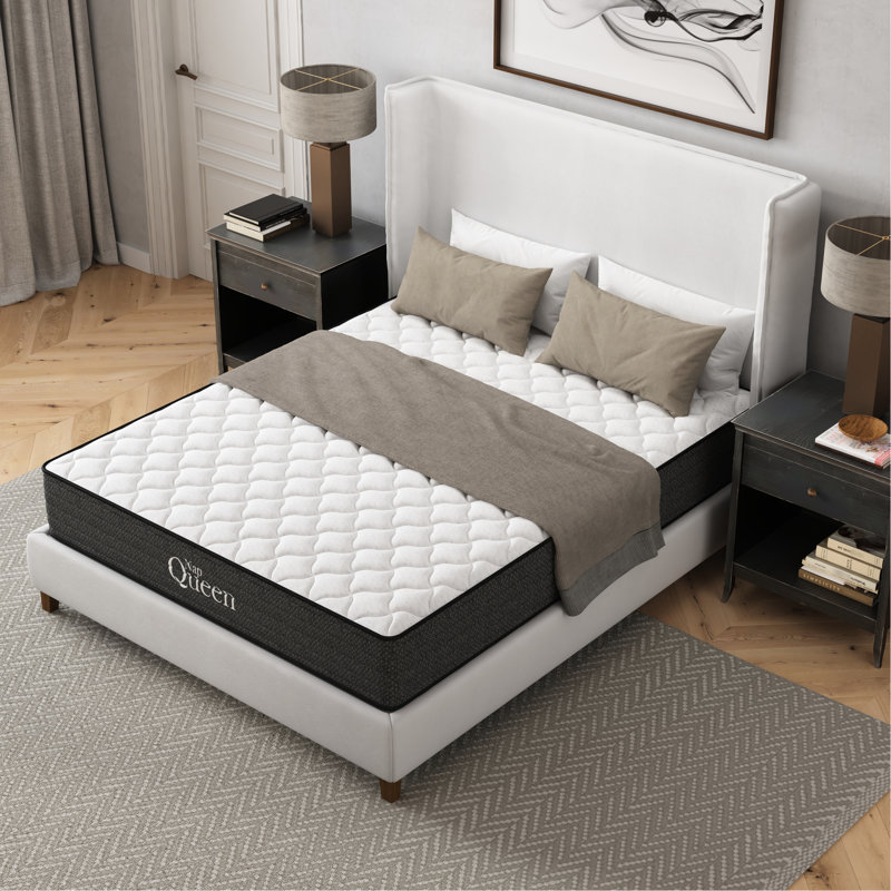 Matelas Queen 10 pouces en gel rafraîchissant - Design, soulagement, faible transfert de mouvement, eau, États-Unis, compatible avec sommier articulé, support gris et blanc, convient aux cadres de lit, mousse à mémoire de forme
