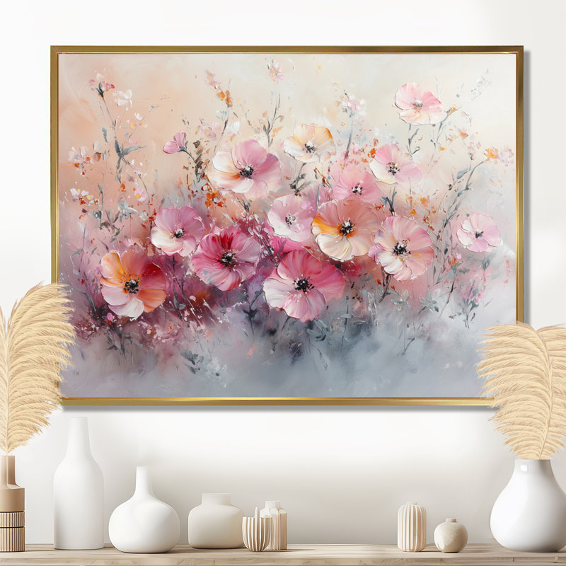 Jackelyne, coucher de soleil aux tons de rose pastel - fleurs sauvages, H 34 po x l 44 po, Avec cadre, Doré
