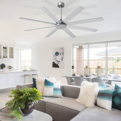 66" Large Ceiling Fans with Remote APP Control, Silver Indoor Outdoor Ceiling Fan for Patios Living Room , 8 Blades Dimmable Timer Reversible Quiet DC Motor 6 Speeds