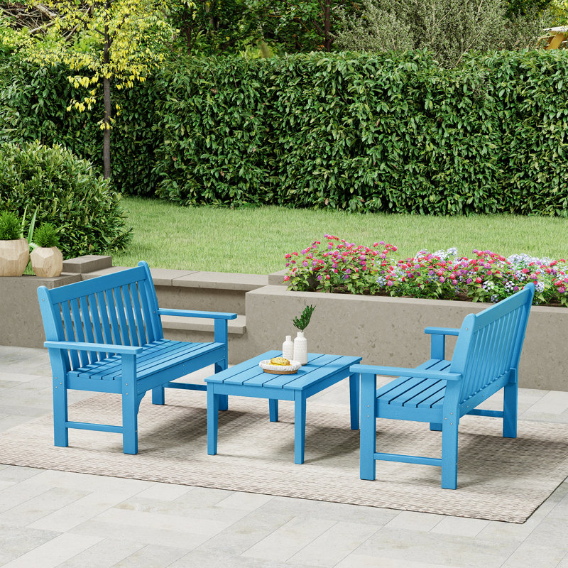 Banc 3 pièces avec table basse Poly, 3 pièces: 1 table basse, 2 bancs, Bleu