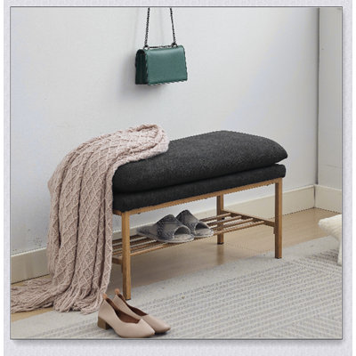 Banc de rangement rembourré en lin avec tablette, conception moderne pour le vestibule et la chambre à coucher, capacité de 300 lb, pieds en métal