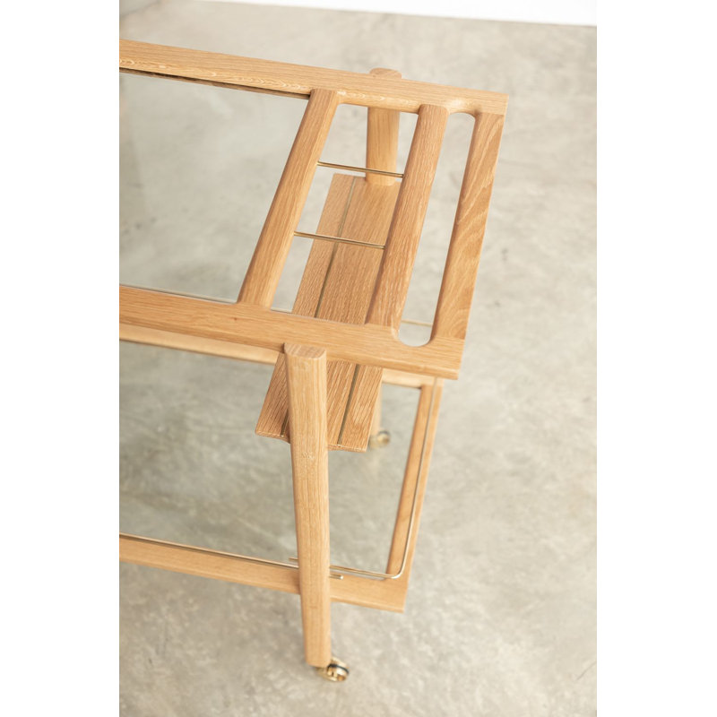 Solid Wood Bar Cart with Wheels, White Oak/Brass