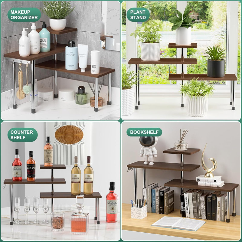 Étagère de coin de cuisine pour comptoir de cuisine - étagère de rangement pour salle de bain à 3 niveaux, Brun foncé