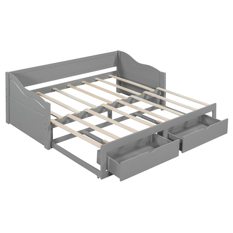 Wooden Daybed with Trundle Bed and Two Storage Drawers , Extendable Bed Daybed,Sofa Bed with Two Drawers, Gray