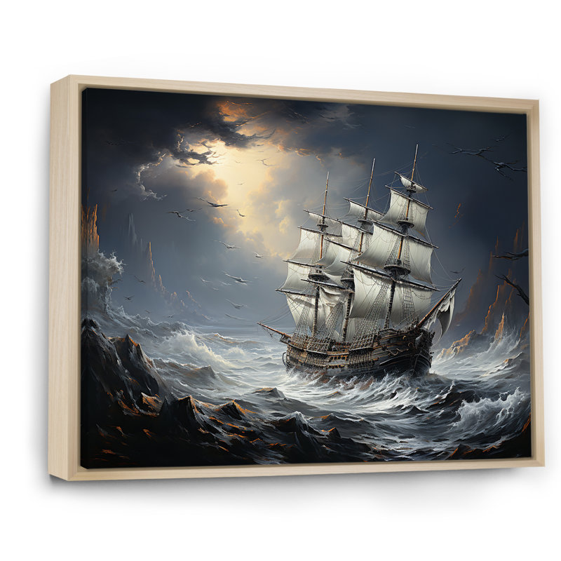 Bateau pirate à Stormy Seas I - décoration murale pirate, H 24 po x l 32 po x P 1 po, Cadre naturel flottant