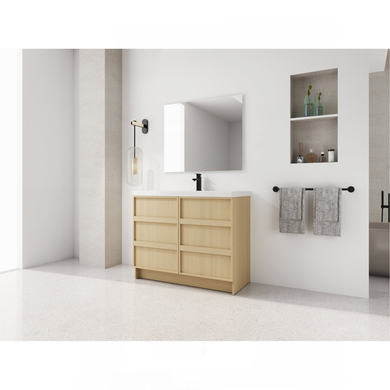 Meuble-lavabo autoportant de 42 po avec lavabo en résine et 2 portes d'armoire à fermeture en douceur, contreplaqué, chêne Dune (KD-PACKING)