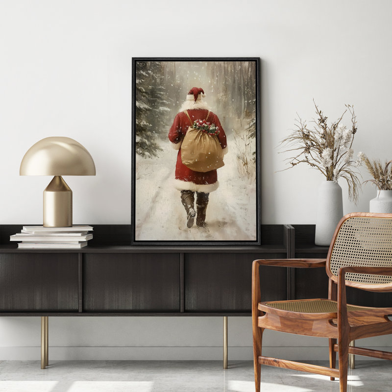 Santa Claus Walking in Winter Road Vintage Warm Cozy Christmas Holiday Canvas Print Wall Art, Black Floater Framed