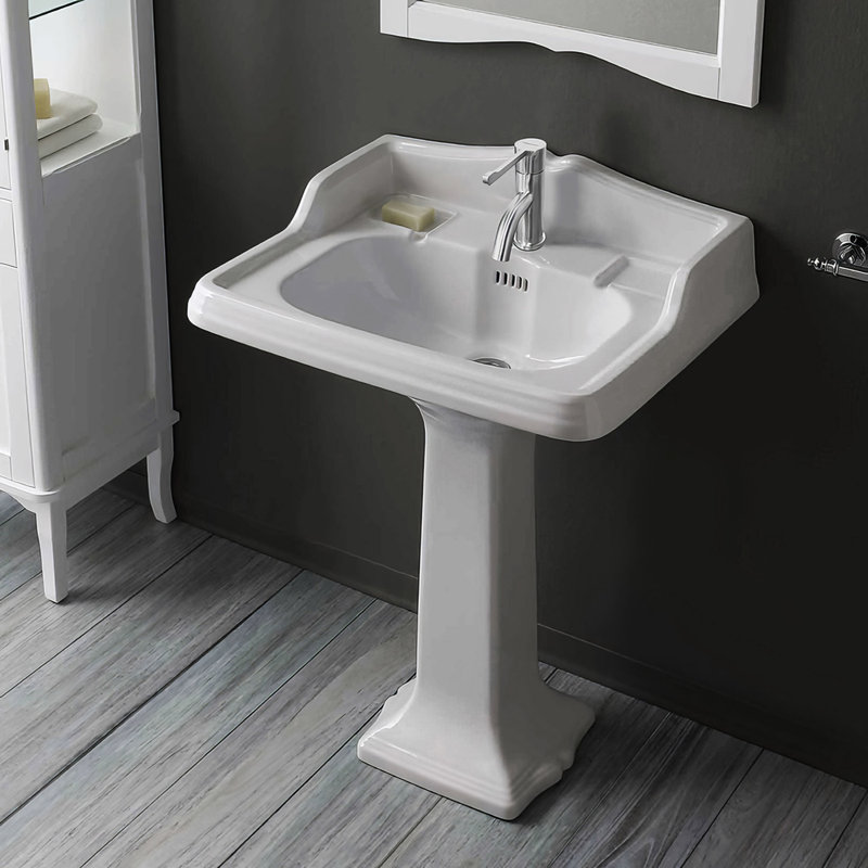 Whitehaus 28" Traditional Pedestal With Large Rectangular Bowl, Backsplash, Dual Soap Ledges, Decorative Trim and Overflow