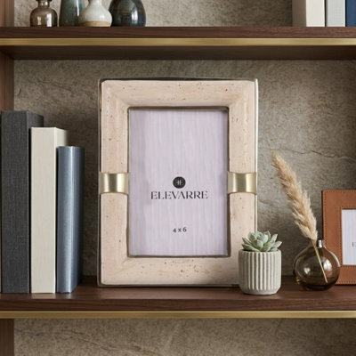 Decorative Travertine Photo Frame with Metal Accent for Home Decor - Contemporary Picture Frame for Entryway Table or Shelf Decor
