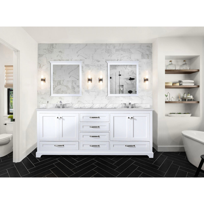 80 po Meuble-lavabo double blanc avec comptoir en marbre et 30 miroirs - fermeture en douceur, surface grattée - teintée, tiroirs d'armoires de rangement supplémentaires x 22 et teinté, 2 tablettes ouvertes suffisantes