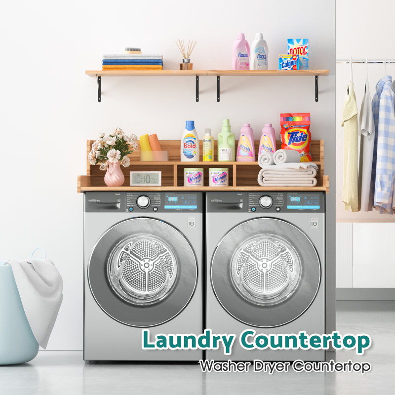 Waterproof Wooden Washer Dryer Countertop with Wall Shelves Set, Natural
