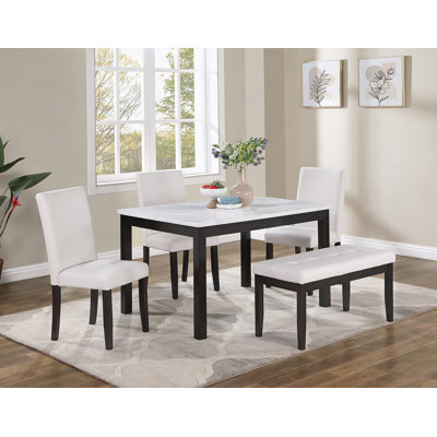 5 Piece Dining Set With Chairs And Bench In White, Faux Marble Top, Versatile And Elegant For Any Home