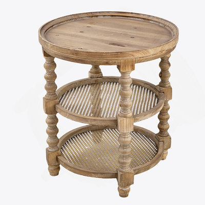 Round 3-Tiered Side Table With Woven Rattan Shelves, Natural Finish For Living Room And Bedroom, Brown
