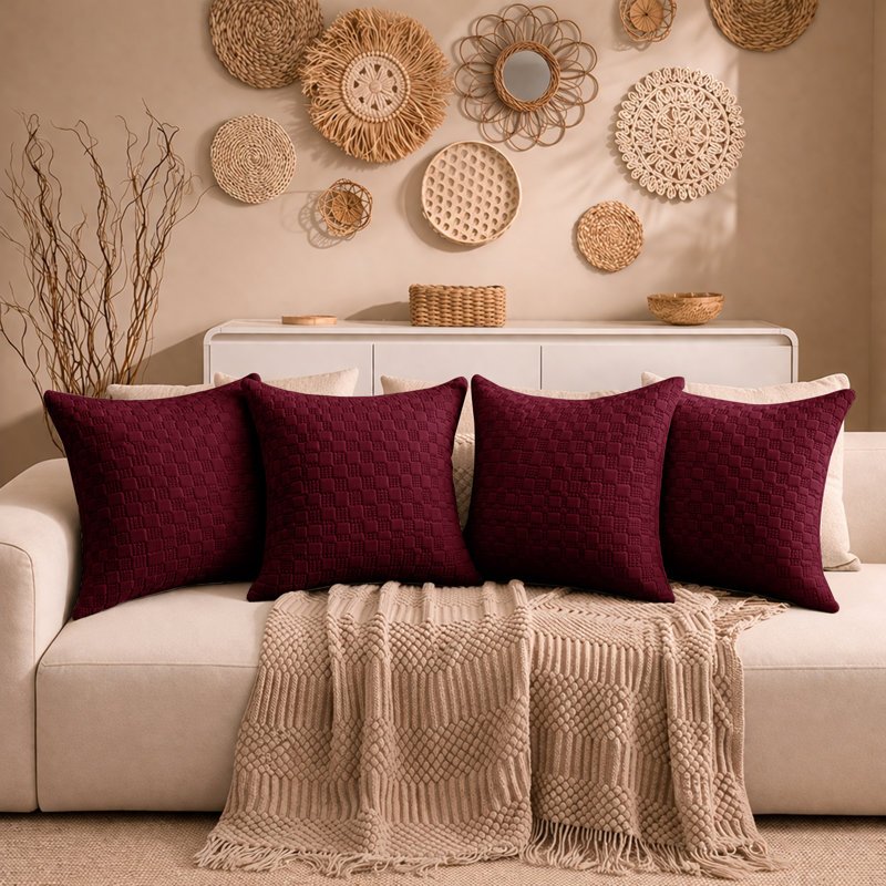 Aspire Homeware Embossed Square Velvet Cushion Covers, Pack of 4, BURGUNDY