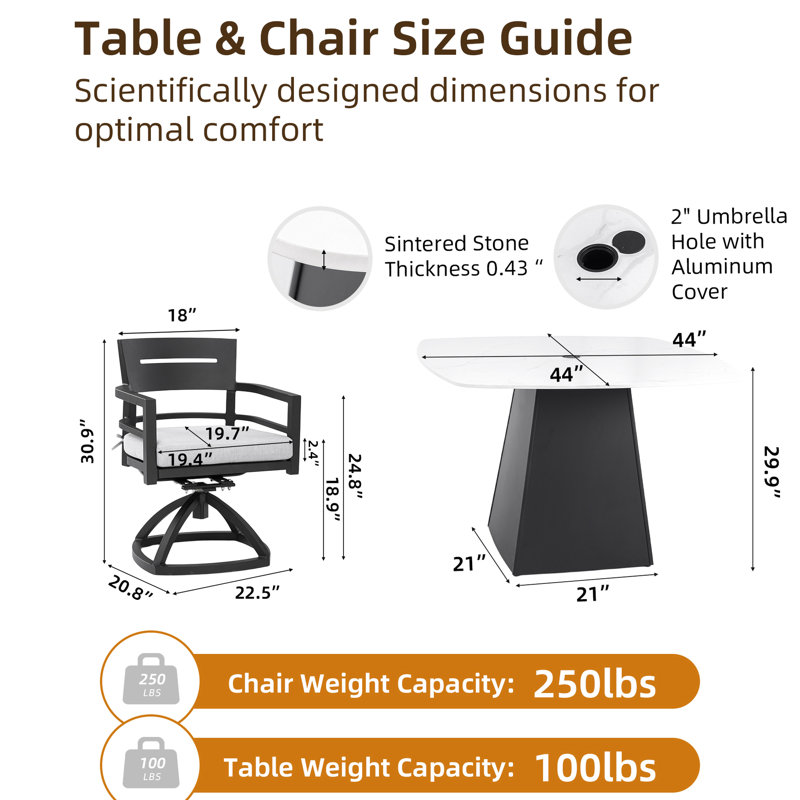 Ensemble repas 5 pièces pour l'extérieur, table en pierre frittée de 44 po et 4 chaises berçantes pivotantes avec patio rembourré, structure en aluminium robuste