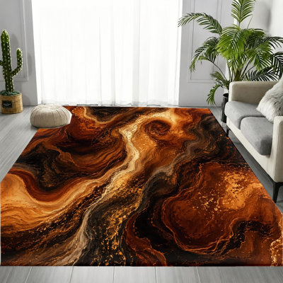 Abstract Swirl Marble Style Area Rug, Gold Brown Black Marble Pattern, Wear Resistant, Non-Slip Floor Protection Mat, Modern Indoor Decor for Living Room, Bedroom, Entryway, Kitchen, Apartment