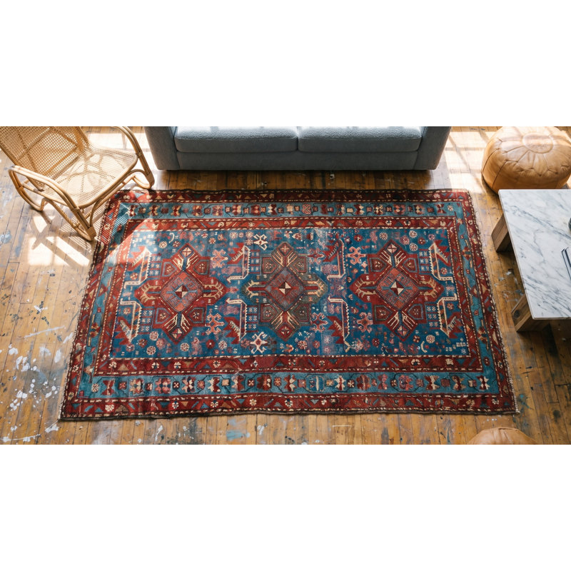 Hand Knotted Wool Geometric Area Rug in Blue