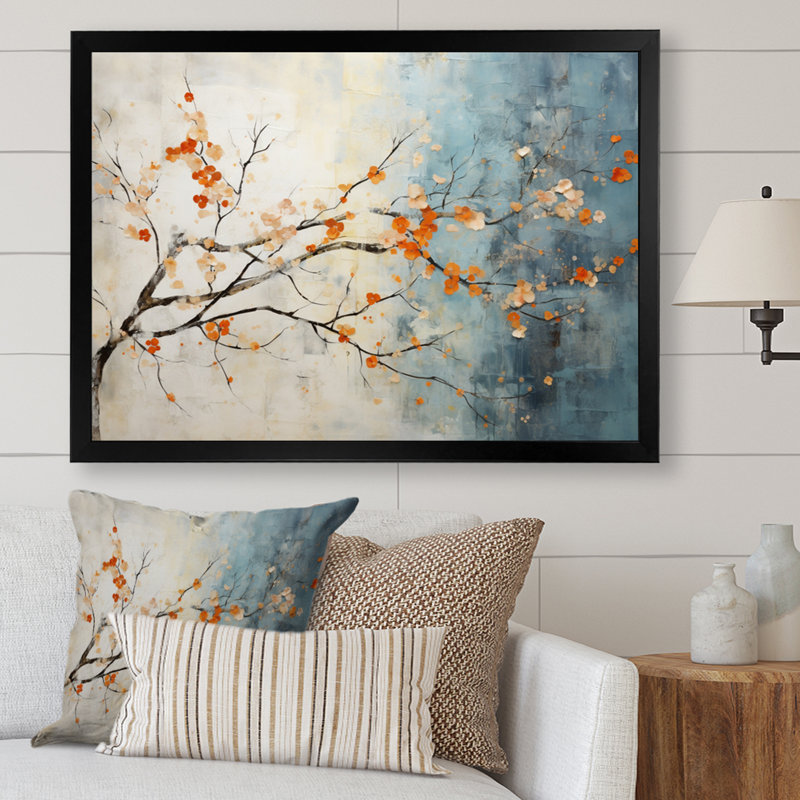 Orange, bleu sarcelle, érable, incandescent V - art mural érable, H 16 po x l 32 po x P 1 po, Cadre simple noir