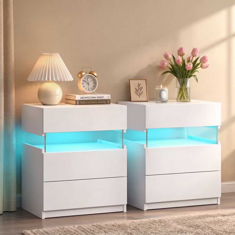 Ensemble de 2 tables de chevet à DEL Nightstands, Blanc pur