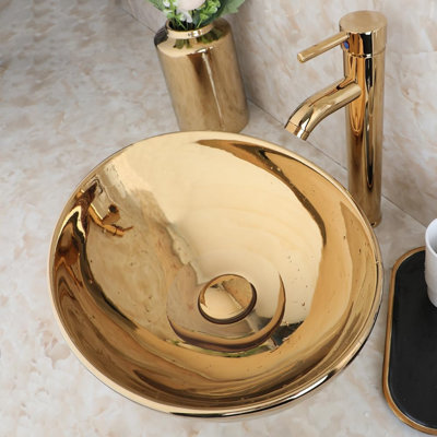 Ensemble de lavabo vasque ovale en céramique 16 po avec robinet doré et bonde escamotable 16 po
