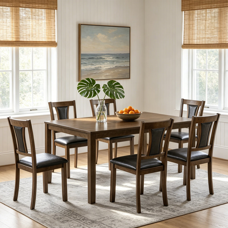 7 Piece Dining Table Set,Rectangle Dining Table With Upholstered 6 Chairs