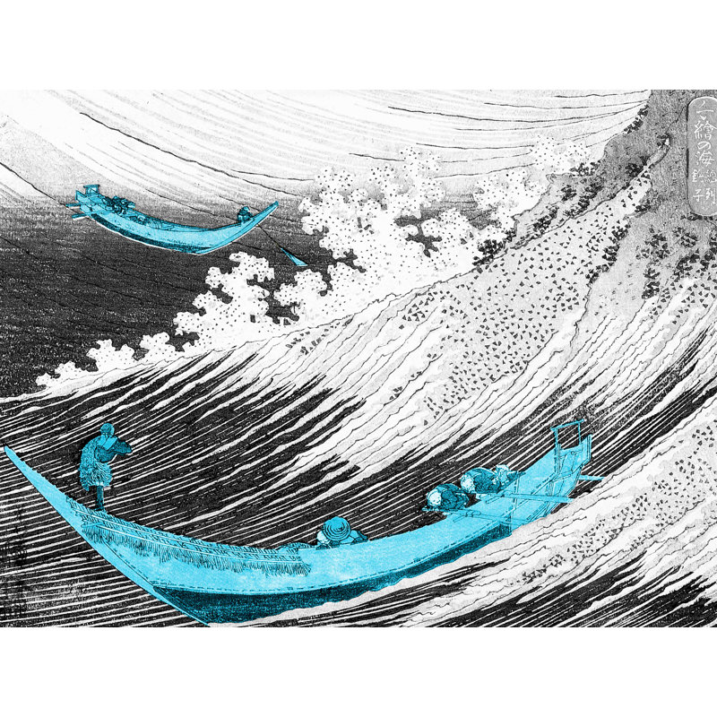 Décalcomanie murale amovible pour bateau japonais sur le vagues, H 18 po x l 24 po, Bleu