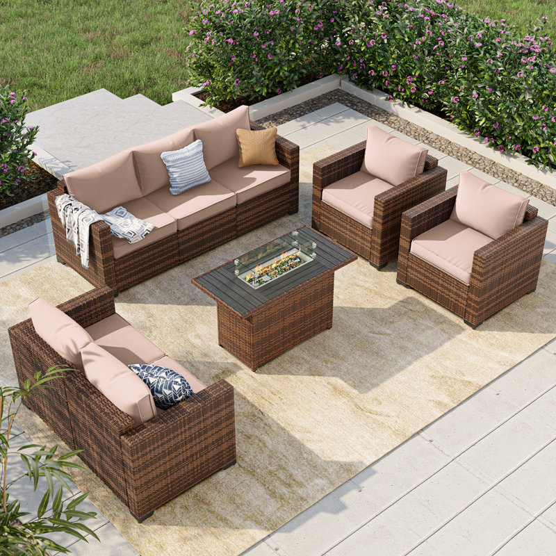 5-Pieces Wide Armrest Outdoor Sectional Rattan Conversation Set with Fire Fit Table., Beige