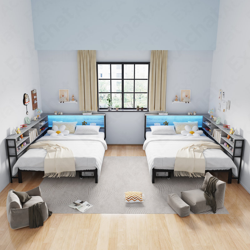 Full Corner Daybed With Storage, Bookcase Headboard, LED Light & Built-In Charging Station, Full