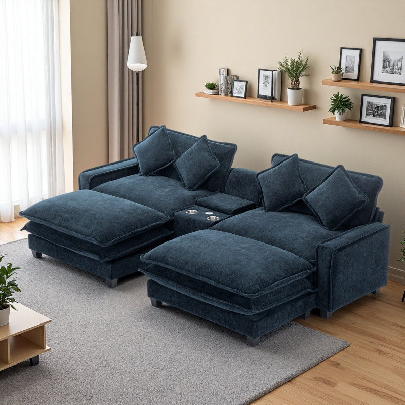 111" Sectional Sofa Chenille Upholstered Sofa With Two Removable Ottoman, Two USB Ports, Two Cup Holders And Large Storage Box For Living Room