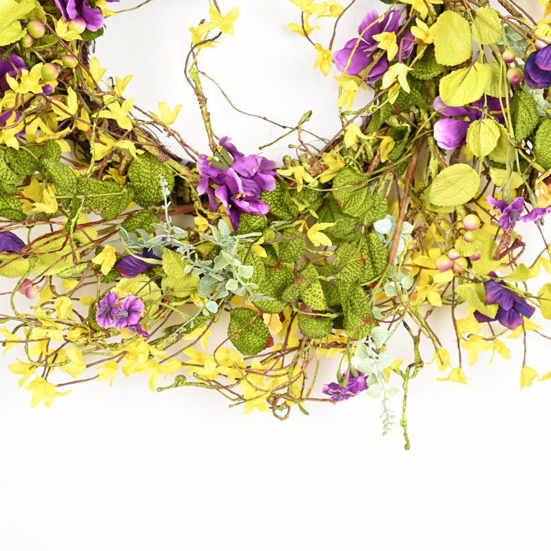 26" Artificial Farmhouse Twig Blossoms Cluster Greenery Mini Eucalyptus Wildflower Pansy Spring Summer Wreath For Front Door