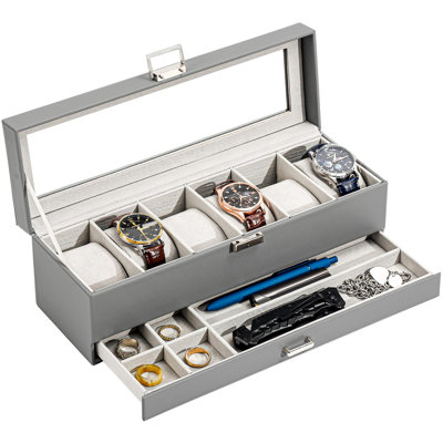 Watch Box Display Case with Glass Lid and Drawer, 6 Slots 2-Layer Jewelry Organizer Storage Holder, Holiday Christmas Gift