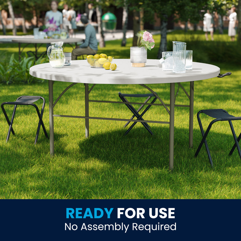 Granite White 60'' Round Bi-Fold Table with Metal Frame and Handle