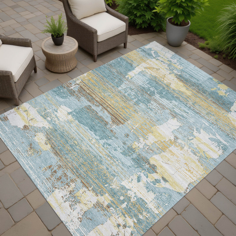 Tapis abstrait lavable à la machine intérieur / extérieur ACN2646, Sarcelle, 8 pi x 10 pi