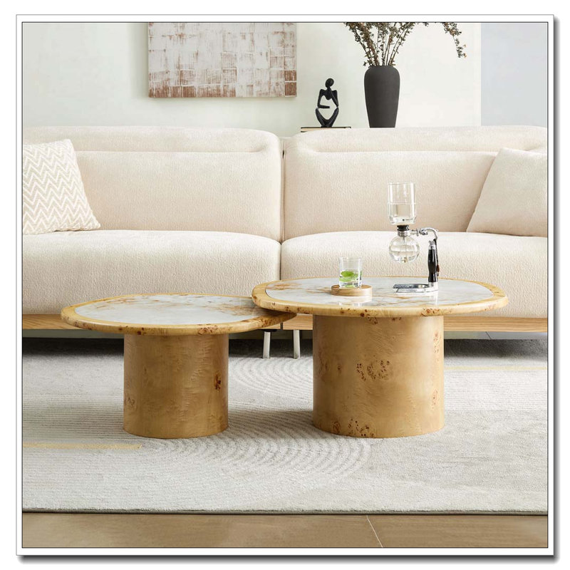 Ensemble de tables basses irrégulières avec plateau en pierre frittée et placage de bois de ronce, Naturel