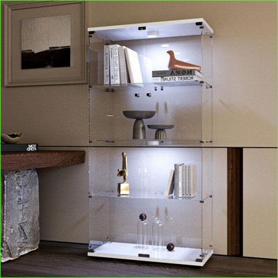 Cabinets avec lumières DEL à DEL | Vitrine en verre trempé blanc neige | H 64,7 po x L 30,9 po x l 13,6 po | Minimaliste | Salon