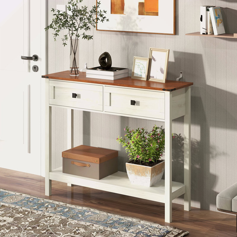 Farmhouse Style Console Table With 2 Drawer And Bottom Storage Shelf For Entryway, Rustic Side Table With Storage Drawer And Shelf For Living Room, Hallway