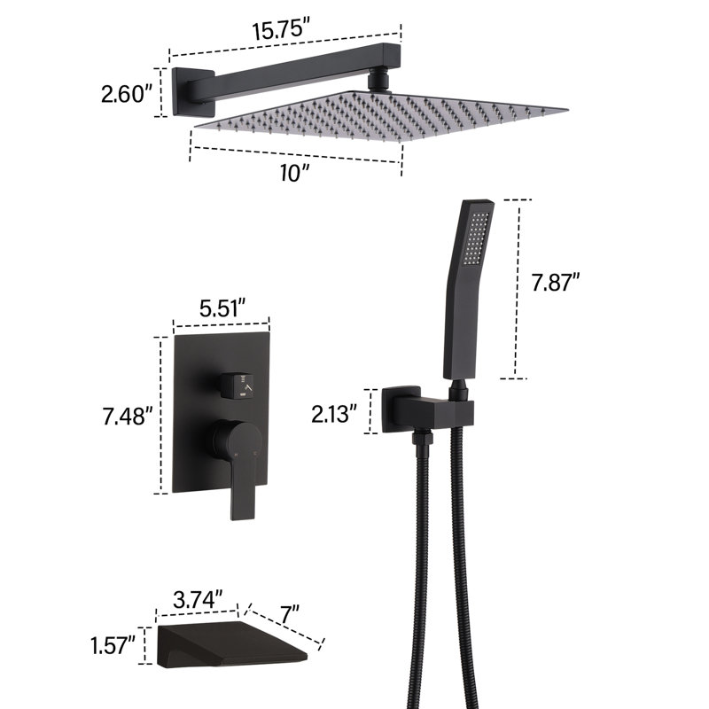 Balanced Bathroom Shower System With 10Inch Matte Black Rainfall Head - Wall Mounted 10" System, Finish, Faucet, Matte Black