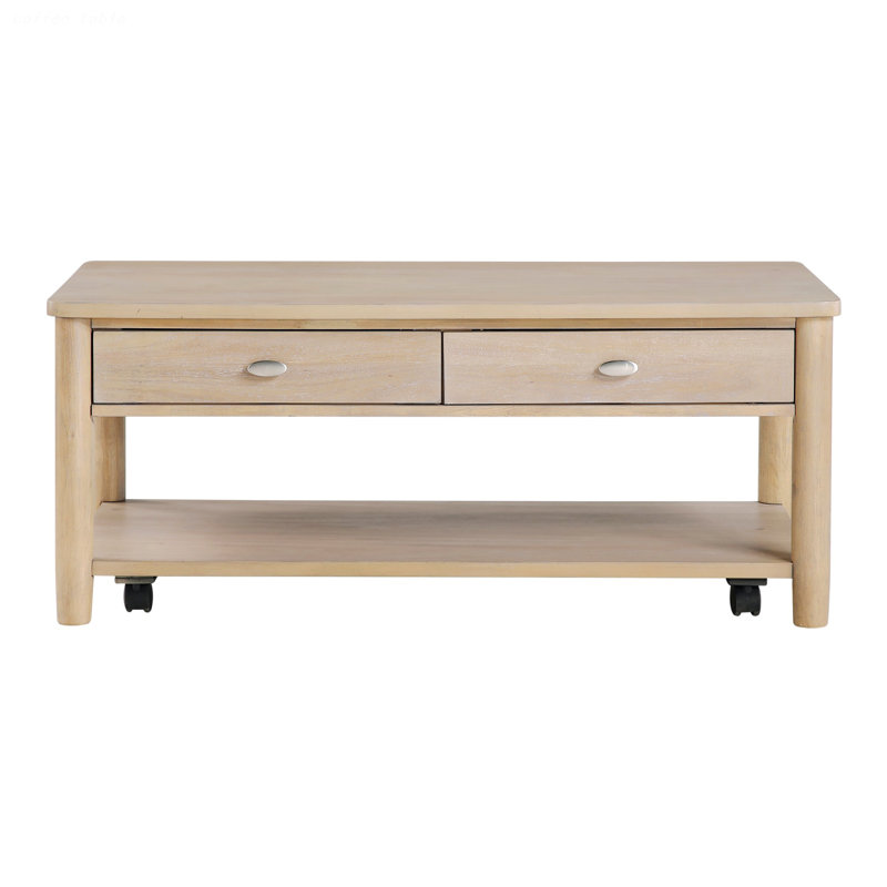 Wooden Coffee Table, Cocktail Table With Two Drawers And One Open Shelf