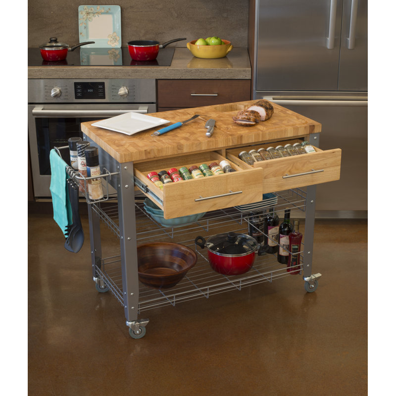 Thielsen Solid Wood Top Kitchen Cart, Metallic Powder Coat