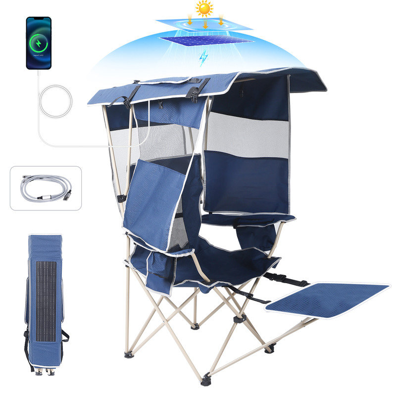 Portable Outdoor Chair, Camping Chair, Chair with Canopy, Fishing Chair, Folding Chair with Removable Canopy, 30W Solar Panel, Adjustable Footrest & Cooler (Navy Blue 1 Pack)