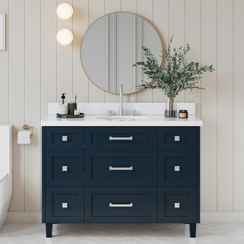 ARIEL Monroe 54 Single Sink Bathroom Vanity with Carrara Quartz Top, Midnight Blue, 54" - 55", Carrara White Quartz