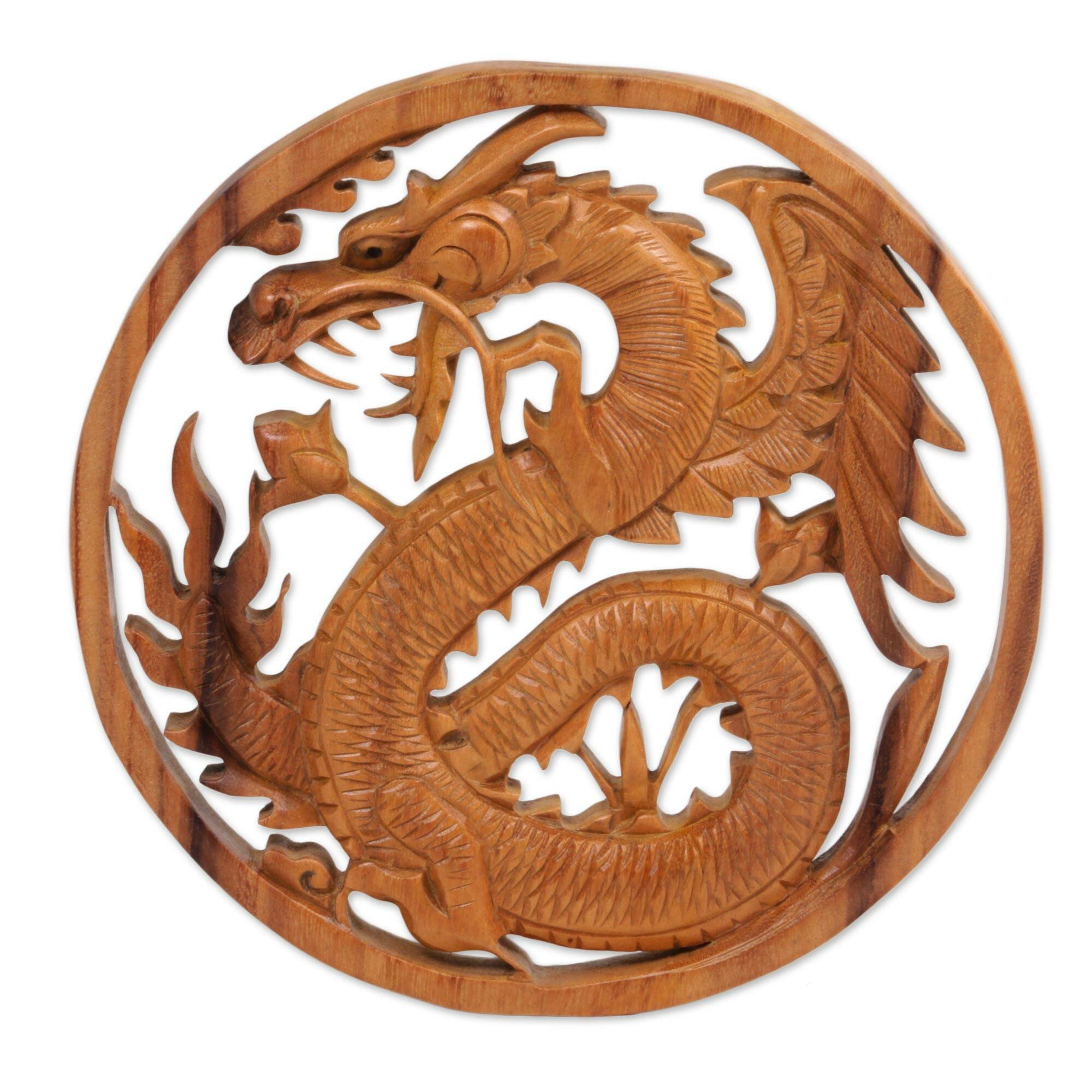 World Menagerie Dragon Couple Wood Relief Panel Wall Décor