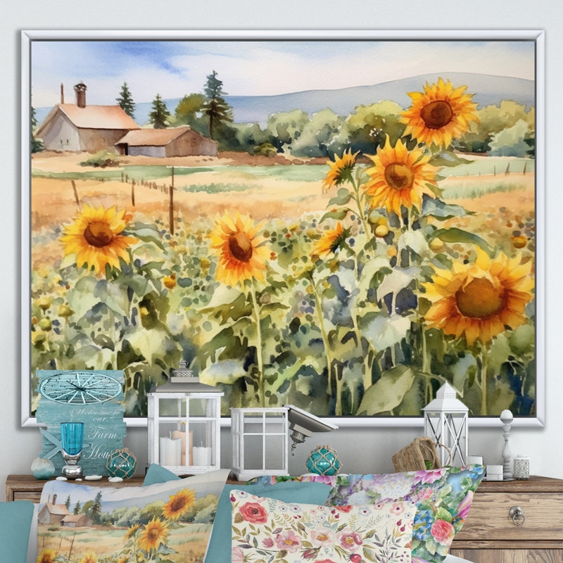 Tournesol doré à la ferme IV - reproduction sur toile, H 24 po x l 32 po x P 1 po, Cadre flottant blanc