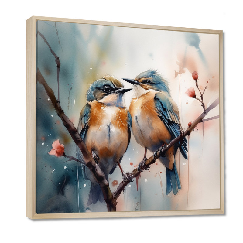 Oiseaux bleus assis sur une branche d'arbre III - Art mural floral, H 24 po x l 24 po, Cadre flottant érable