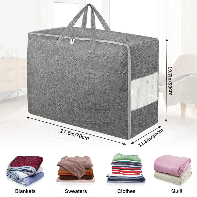 105L Extra Large Storage Bags, Folding Moving Comforter Blanket Storage Bags,Strong Handles&Zippers Clear Window,(Grey/3 Pcs)