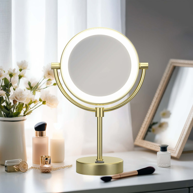 Miroir de maquillage circulaire autoportant, Or brossé