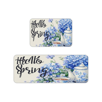 Hydrangea Teapot Floral Kitchen Mats 2 Pcs Blue Home Decor