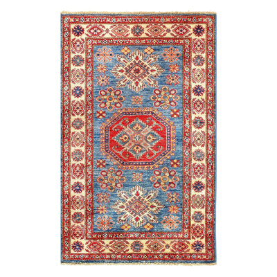 Tapis bleu / brun en laine / coton oriental fait à la main 3 pi x 4 pi 11 po Meilanie